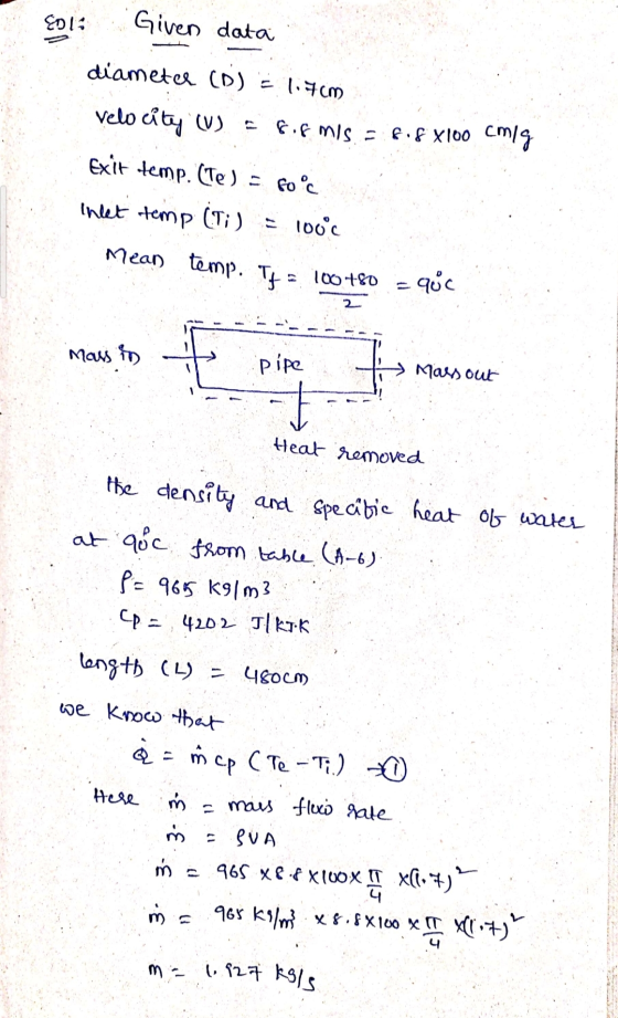 Epi: Given data diameter (D) Eli7cm Velocity (W) Gifmis - 68 x100 cmlg Exit temp. (Te) = foºc Inlet temp (Ti) = 100°c Mean te