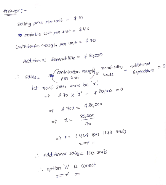 Answer :- $ 110 selling price per unit = * variable cost per unit = $40 $70 Contribution margin per unit = Additional Expen d