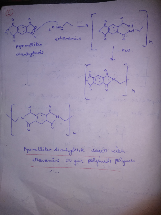 n Nug ethanamume pyromellitic dianhydride - HO. Pyromellitic di antyelide reacts with ethananine ito guit polginile polymer.