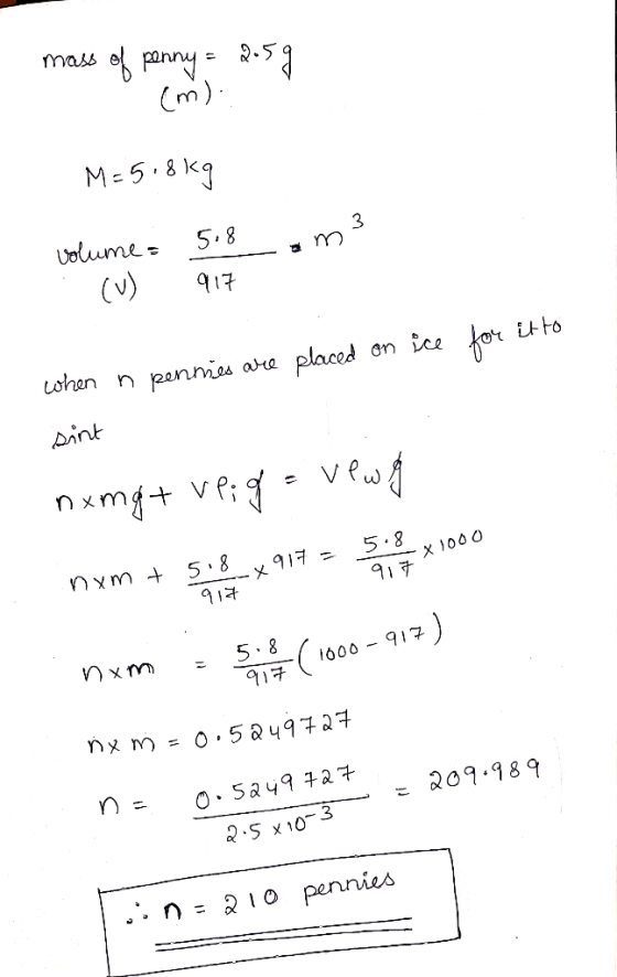 mass of penny = 2059 (m) M=5.8 kg volume = 518 (W) 917 -am3 ice for it to when n pennies are placed on sint nxmg+ ve; f = new