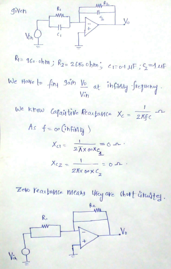 given Ri MW 41 Un Vo + Vin C R1 = 960.ohm; R2= 2650 ohmi, 41-01 MF; 9=1 et We have to fine gain Vo at infitsity frequency Vin