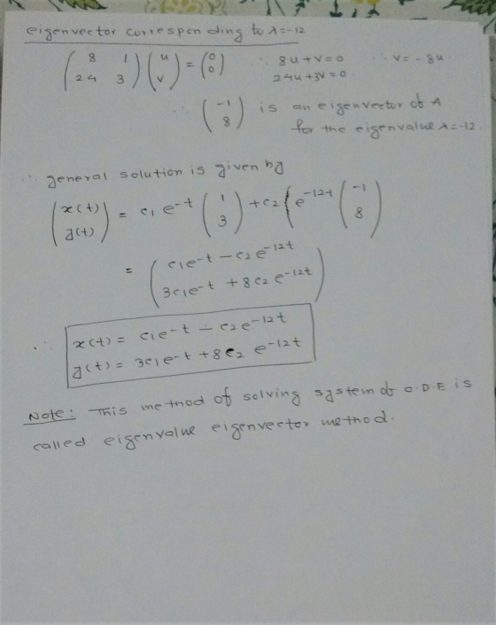 eigen vector corresponding to x=-12 v=-su (3))-3) 8u+v=o 244 +3 = 0 is an eigenvector of A for the eigenvalue x=-12 general s