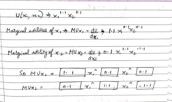 1-) u/24, 22) x4 0.1 Rz Marginal utilities of x, MUxo = du da, 1174 ber Marginal utility of x2 = MU 26 = du o 1 x. -1 Az daz
