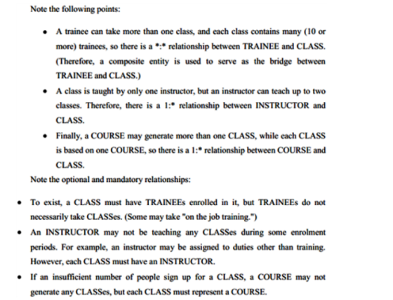 Note the following points: A trainee can take more than one class, and each class contains many (10 or more) trainees, so the