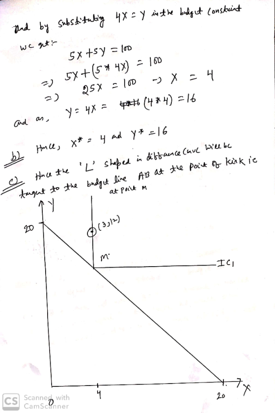 And by substituting 4X=Y in the budget construint we get? 5x + y = 100 4 2) 2) 5x +(5* 4x) = 100 25x = 100 -) X w Huice, &* =