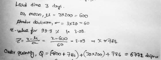 Lead time 3 days. so, mean l = 38200 - Goo Stordar deviction, a = 3x20 = 60 z-value for 99.9 %. in 3.09. Za Ine - LG00 - 3.09