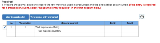 Required: 1. Prepare the journal entries to record the raw materials used in production and the direct labor cost incurred. (