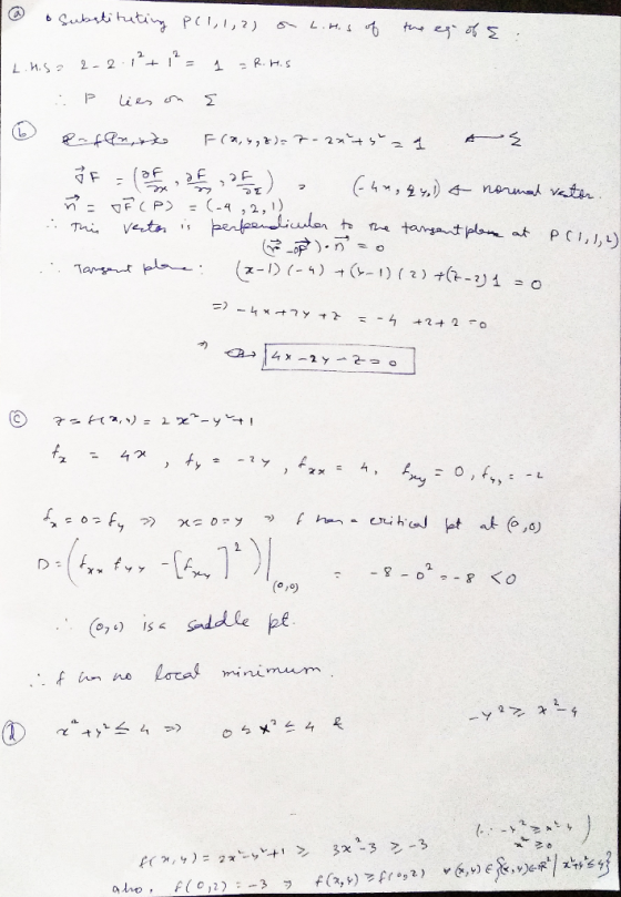 @ o substituting P(1,1,2) a Lims of the ego of E : L.H.Sa 2-2 1² + 1² = 1 =R.His 16 . Pus on 2 e-fan, te F(2, 3,2)=7-20ts=1 A