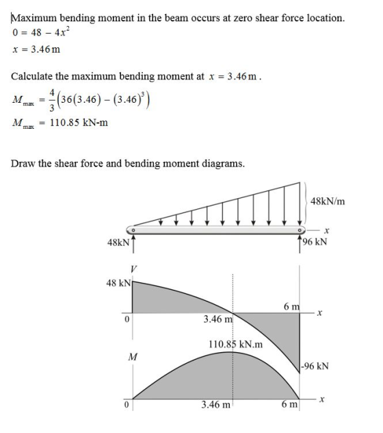 Maximum bending moment in the beam occurs at zero shear force location. 0 48 4x x 3.46m Calculate the maximum bending moment