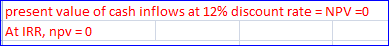 present value of cash inflows at 12% discount rate NPVv=0 At IRR, npv = 0