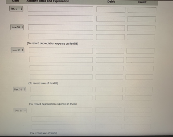 Date Account Titles and Explanation Debit Credit [Jan. 1 : June 30 (To record depreciation expense on forklift) June 30 (To r
