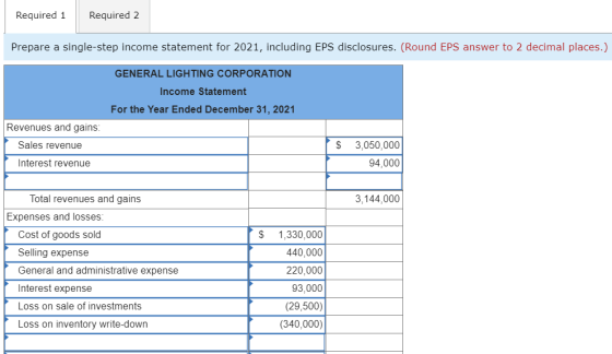 Required 1 Required 2 Prepare a single-step income statement for 2021, including EPS disclosures. (Round EPS answer to 2 deci