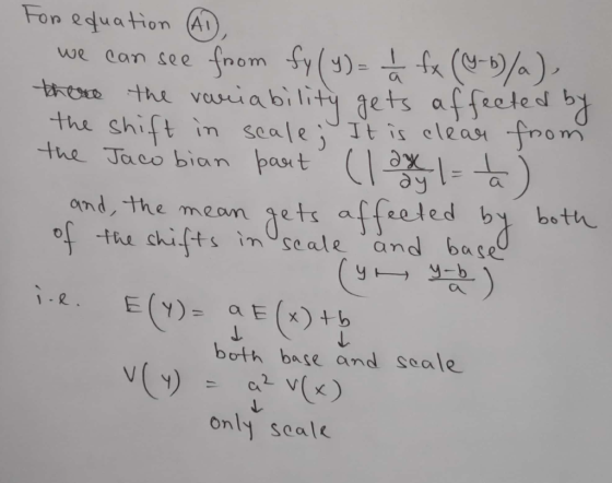 For equation A1, we can see from fyly)= Ļ fx (M-b/a), there the variability gets affected by the shift in scale. It is clear