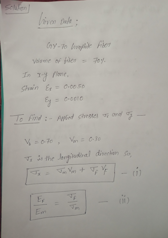 solution hiven Data ; GY-70 Erraphite Fiber volume of fiber = 70% In x-y plane, Strain Ex=0.00.50 Ey = 0.0010 To find :- Appl