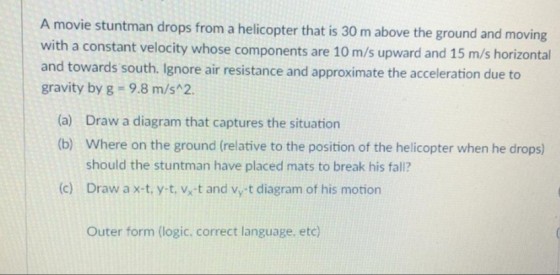 A movie stuntman drops from a helicopter that is 30 m above the ground and with a constant velocity whose components are 10 m/s upward and 15 m/s horizontal and towards south. Ignore air resistance and approximate the acceleration due to gravity by g-9.8 m/s 2. moving (a) (b) Draw a diagram that captures the situation Where on the ground (relative to the position of the helicopter when he drops) should the stuntman have placed mats to break his fall? (c) Draw ax-t, y-t, vxt and vy t diagram of his motion Outer form (logic. correct language, etc)