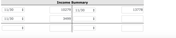 Income Summary 11/30 10279 11/30 13778 11/30 11/30 À 3499