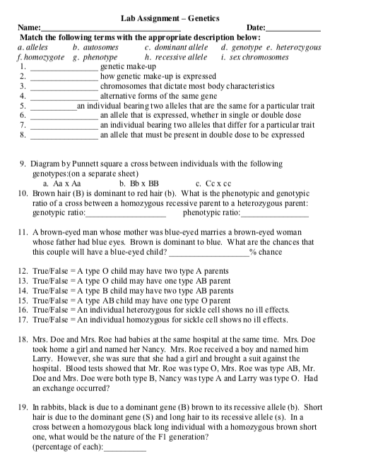 Lab Assignment - Genetics Name: Date: Match the following terms with the appropriate description below: a. alleles b. autosom