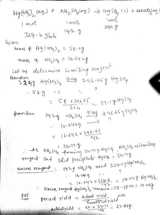 324 Hg(NO3) caq) + Naz Soplaq) Hg Sou (s) + 2NaNo caq Imol inst imole linol 296 g g 324.6 gole 142 Given mass of Hg(NO3)2 = 5