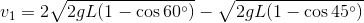 V1 = 212gL(1 - cos 60°) - 2gL(1 - cos 45º)