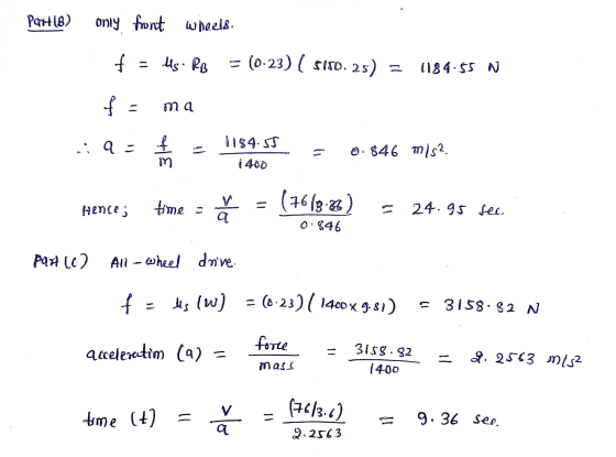 Paxill) only front wheels. of Us. RB (0.23) ( $150.25) 118 4.55 N f - ma .:a = f 1184.55 . 846 m/s2 Hences time - (7619.2%) s