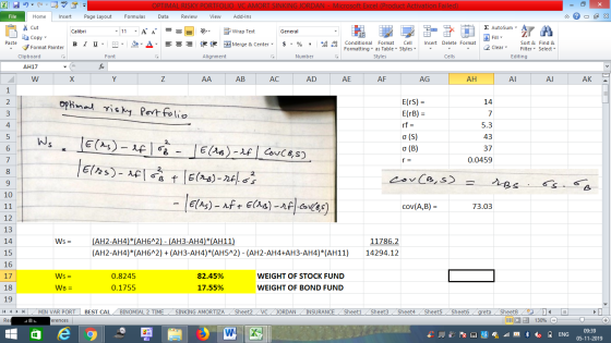OPTIMAL RISKY PORTFOLIO VC AMORT SINKING JORDAN - Microsoft Excel (Product Activation Failed) Data Review View Add-Ins Formul