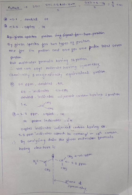 2x7+2-16 2x7+2-16 = = -01 CH2o. → solu= 2XCARAN-Hard ③ wl1, doublet 6H N2.8 - septet - 14 By given spectra proton stag signal