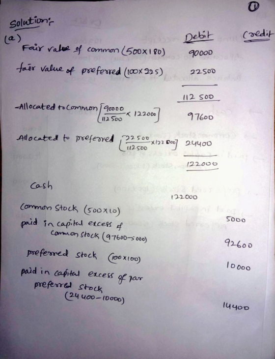 solutions (a) Debit Credit 90000 Fair value of common (500x180) fair value of preferred (100x225), 22 500 112 SOD Allocated t