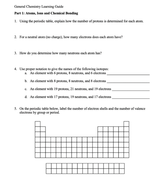 General Chemistry Learning Guide Part 1: Atoms, Ions and Chemical Bonding 1. Using the periodic table, explain how the number