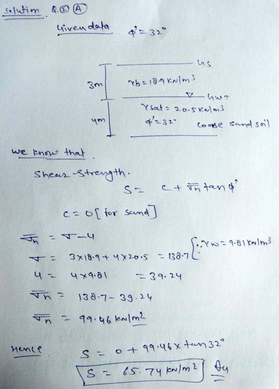 solutim Q. A Given data =320 us 3m rb = 10.9 kN/m3 YNT Ysat = 20.5kn/m3 4=32 Coage sand soil ym we know that Shear strength.