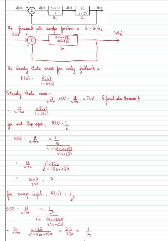 The forward path transfer function is G = G, G₂ RO) (SK 10 (58 +35) s(s+25) The steady state error for unity feedback is E()R