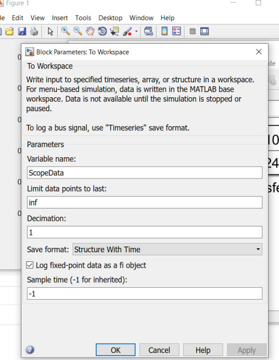 Figure 1 le Edit View Insert Tools Desktop Window Help 1 de Block Parameters: To Workspace x To Workspace Write input to spec