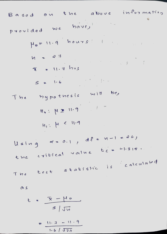Based the information above bave, we provided hours Moall. 2 и 11.7 hrs N s 1.6 z will be, The ny po thesis Ha : Lu 211.9 < 1