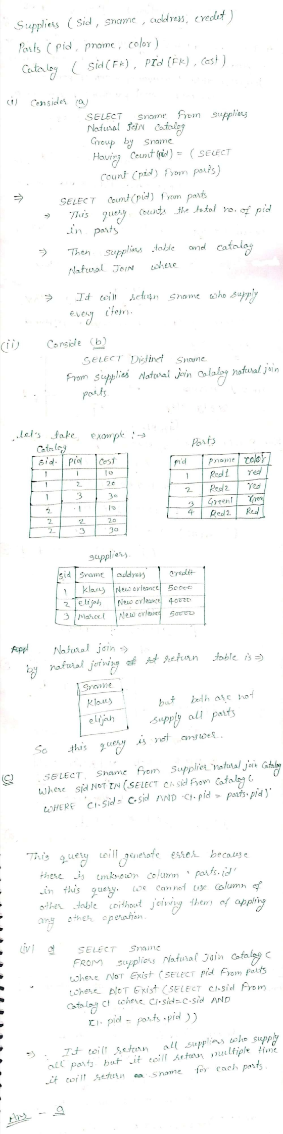 Suppliess ( sid, sname, address; eredet) Parts (pid, pnome, color) Catalay ( sid (FK), PID (FK), Cost ) i consider ca SELECT