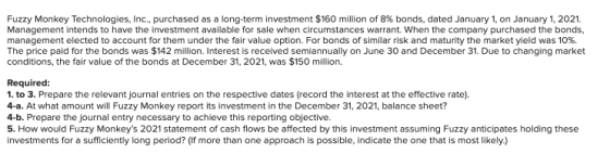 Fuzzy Monkey Technologies, Inc., purchased as a long-term investment $160 million of 8% bonds, dated January 1, on January 1,