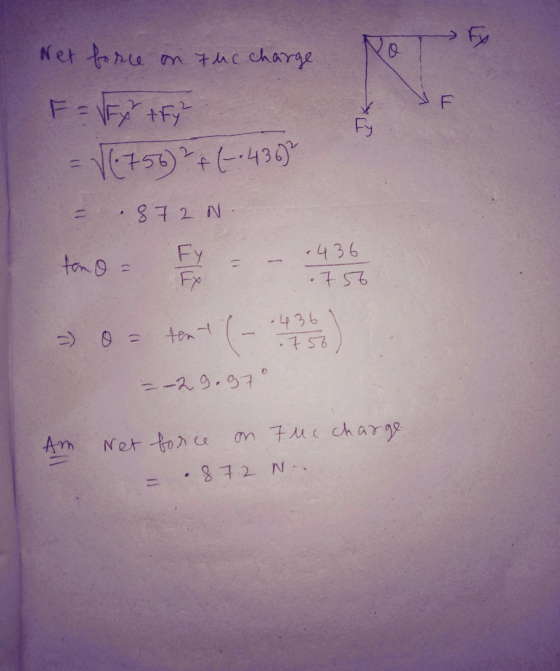 • Fy Net force on the charge be F = FtFyl XF Fy V (756)2+(-436) 872 N. fono = Fy - .436 .758 tent .436 - 756 0 = -29,97 Am Ne