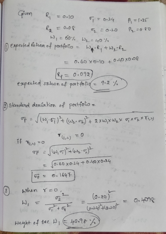 Grven R o.10 T0.24 Ra 0.0 O10 expecled Rtan of portfolio 0.60 X0.10 +0.40 x0 0 0.092 eaperted sulen of portfo li 1.2 standlen