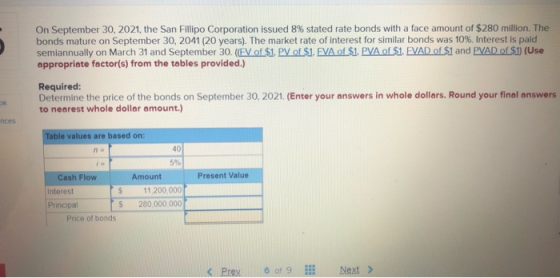 On September 30, 2021, the San Fillipo Corporation issued 8% stated rate bonds with a face amount of $280 million. The bonds