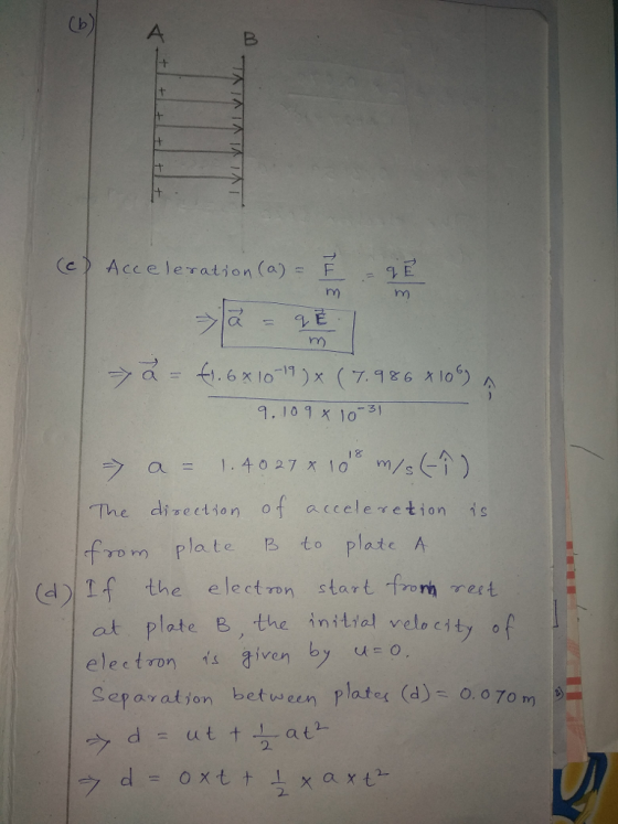 Cb A e) Acceleration (a)=上.sgE- ry) 1. 10 1 x 1o ウa = 1.4027 1018 vm/s(n) ラa= 1.4027 x 10 m/s ( 1 The direction of acceleret