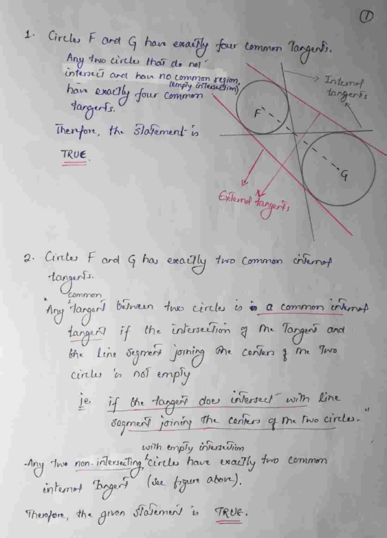 1. Circles F and G have exactly four common Tangents. Any two circle that do not intensed and have no common regim, Internal