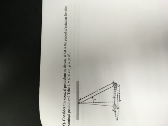 Q. Consider the conical pendulum as shown. What is the period of rotation for this conical pendulum? Take L = 60.0 cm, β = 35.00