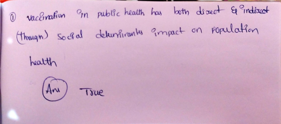 To vacarnation in (through) Social public health has both determinants impact direct & indirect on population health (A) True