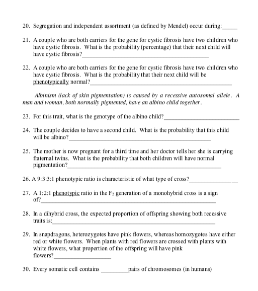 20. Segregation and independent assortment (as defined by Mendel) occur during: 21. A couple who are both carriers for the ge