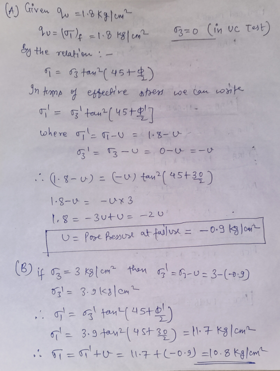 93=0 (in uc Test) (A) Given q = 1.8 Kg/cm qu=107) = 1.8 181 cm? by the relation :- o = S3 tan2 (45+4) In terms of effective a