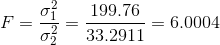 F=\frac{\sigma_1^2}{\sigma_2^2}=\frac{199.76}{33.2911}=6.0004