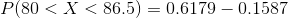 P( 80 < X < 86.5 ) =0.6179 - 0.1587