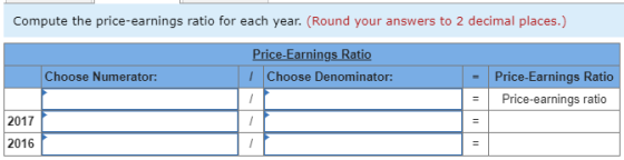 Compute the price-earnings ratio for each year. (Round your answers to 2 decimal places.) Choose Numerator: Choose Denominator: - Price-Earnings Ratio Price-earnings ratio 2017 2016