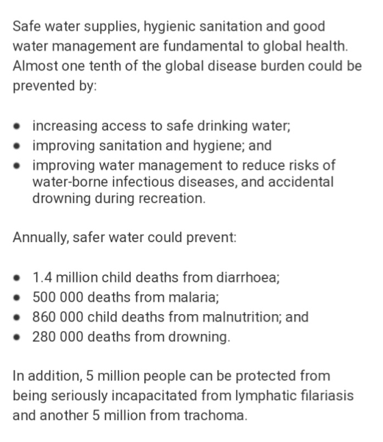 Safe water supplies, hygienic sanitation and good water management are fundamental to global health. Almost one tenth of the