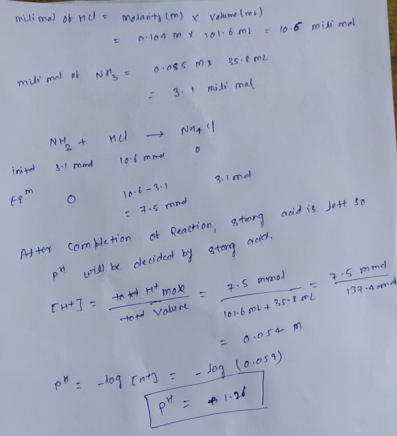 milimal of Hc molarity (m) x = 0.104 mx valume (ml) 101.6ml = 10.6 milimal N = milimal of 0.085 mx 25.8 ml = 3.1 mili mal NH