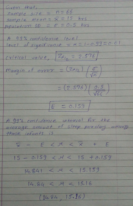Givem thad n= 66 sample size sample neon ×三15 hrs Lene l of significo n ,e Ex-leo.gg=O-01 Criticol value 2.576 V6G A 99% cmti