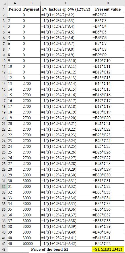 A B C Period Payment PV factors @6% ( 12 % /2) 1/((1+12% / 2)^A2) |-1/( (1+12% / 2 ) A3) - 1 / ( ( 1 + 12 % / 2 ) A4) - 1 / (